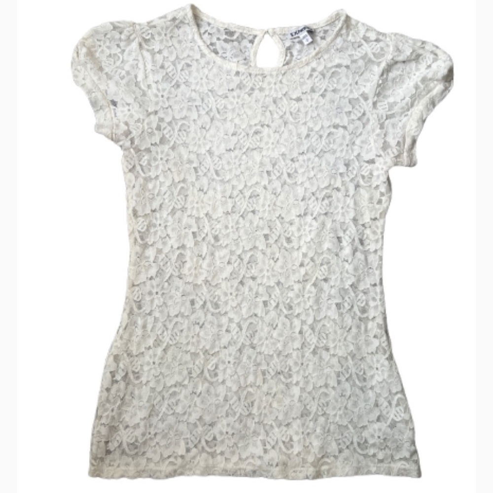 Express‎ Cream Lace Top Puff Cap Sleeves round
Neck